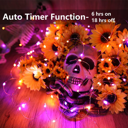 Joomer Orange Purple Halloween Fairy Lights, 2-Pack 16.4FT 50LED Battery String Lights, 8 Modes with Timer Function, Waterproof Twinkle String Light for Indoor Outdoor Halloween Decoration