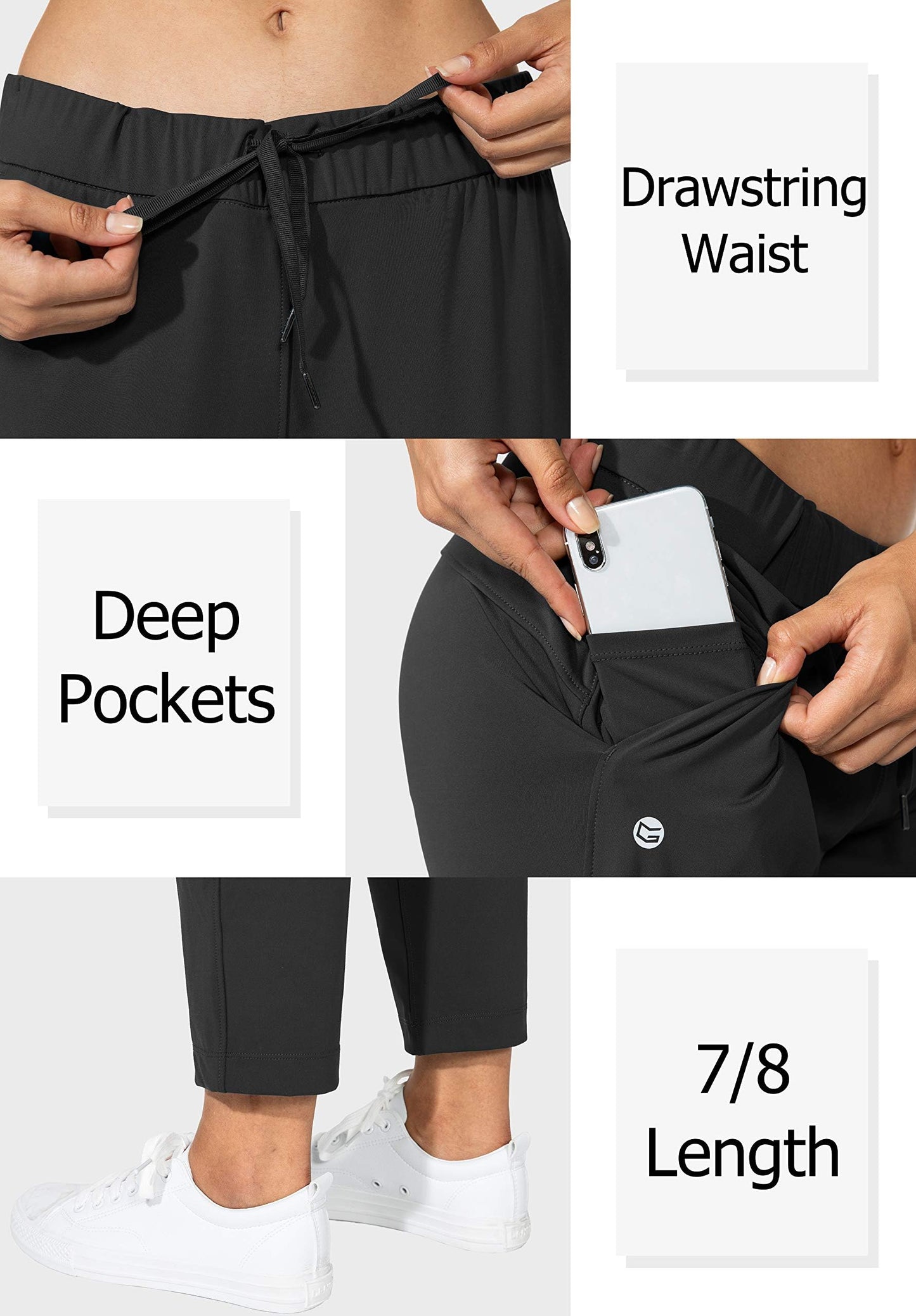 G Gradual Women's Pants with Deep Pockets 7/8 Stretch Sweatpants for Women Athletic, Golf, Lounge, Work (Black, Large)