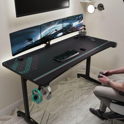 EUREKA ERGONOMIC 60 Inch Gaming Desk with Full Mouse Pad, Large Home Office Curved Computer Desk for 3 Monitors with Cup Holder, Headphone Hook and Handle Rack with USB Charging Ports for Gamer, Black