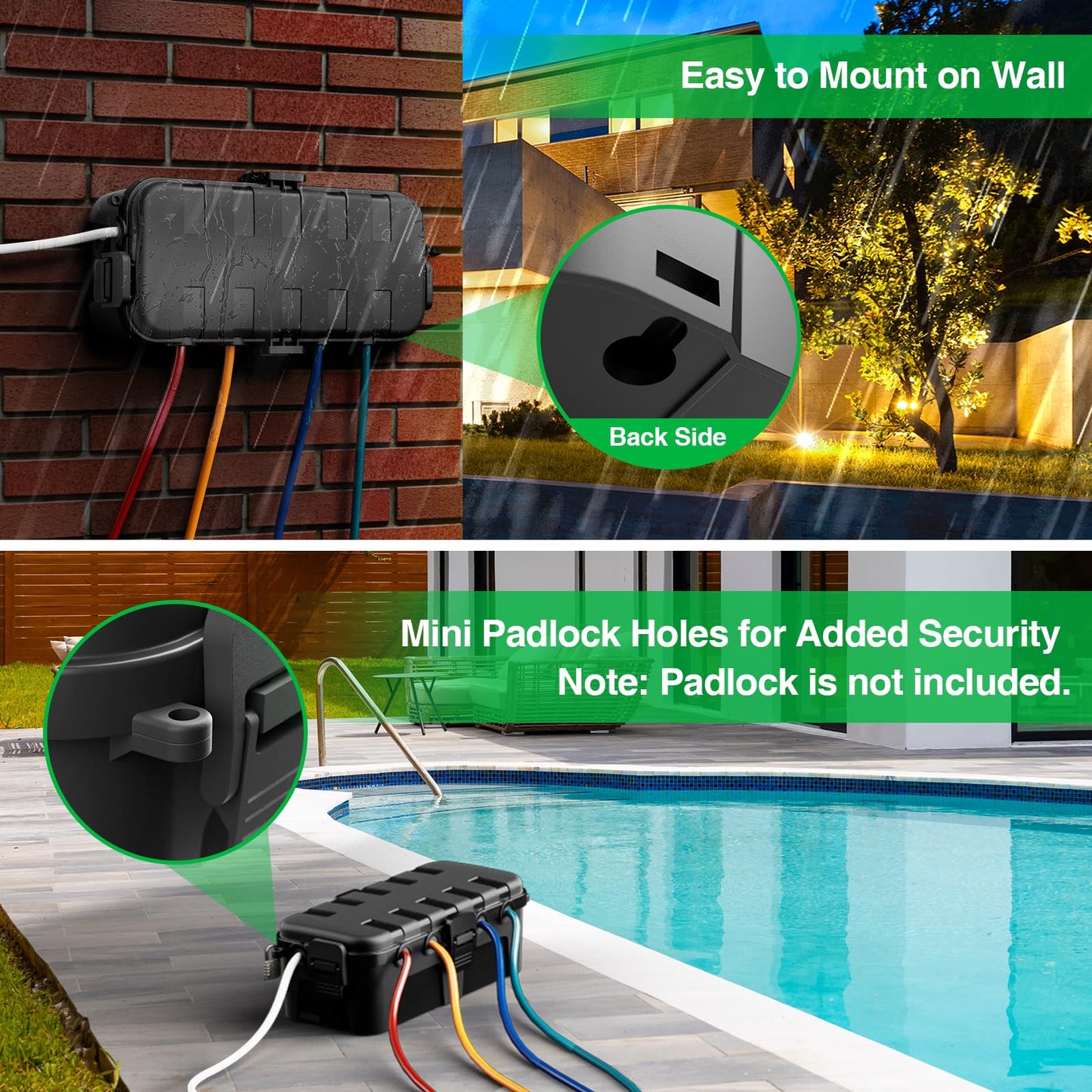 Flemoon Medium Outdoor Electrical Box (11.5x5.2x4 inch), IP54 Waterproof Extension Cord Cover w/6 Cable Entry Ports, Weatherproof Connection Box for Power Strip, Timer, Plug, Holiday Lights, Black