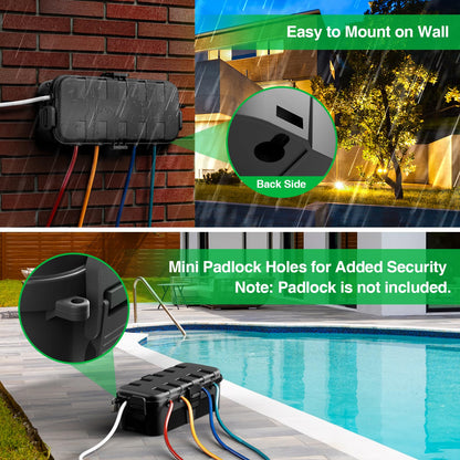 Flemoon Medium Outdoor Electrical Box (11.5x5.2x4 inch), IP54 Waterproof Extension Cord Cover w/6 Cable Entry Ports, Weatherproof Connection Box for Power Strip, Timer, Plug, Holiday Lights, Black