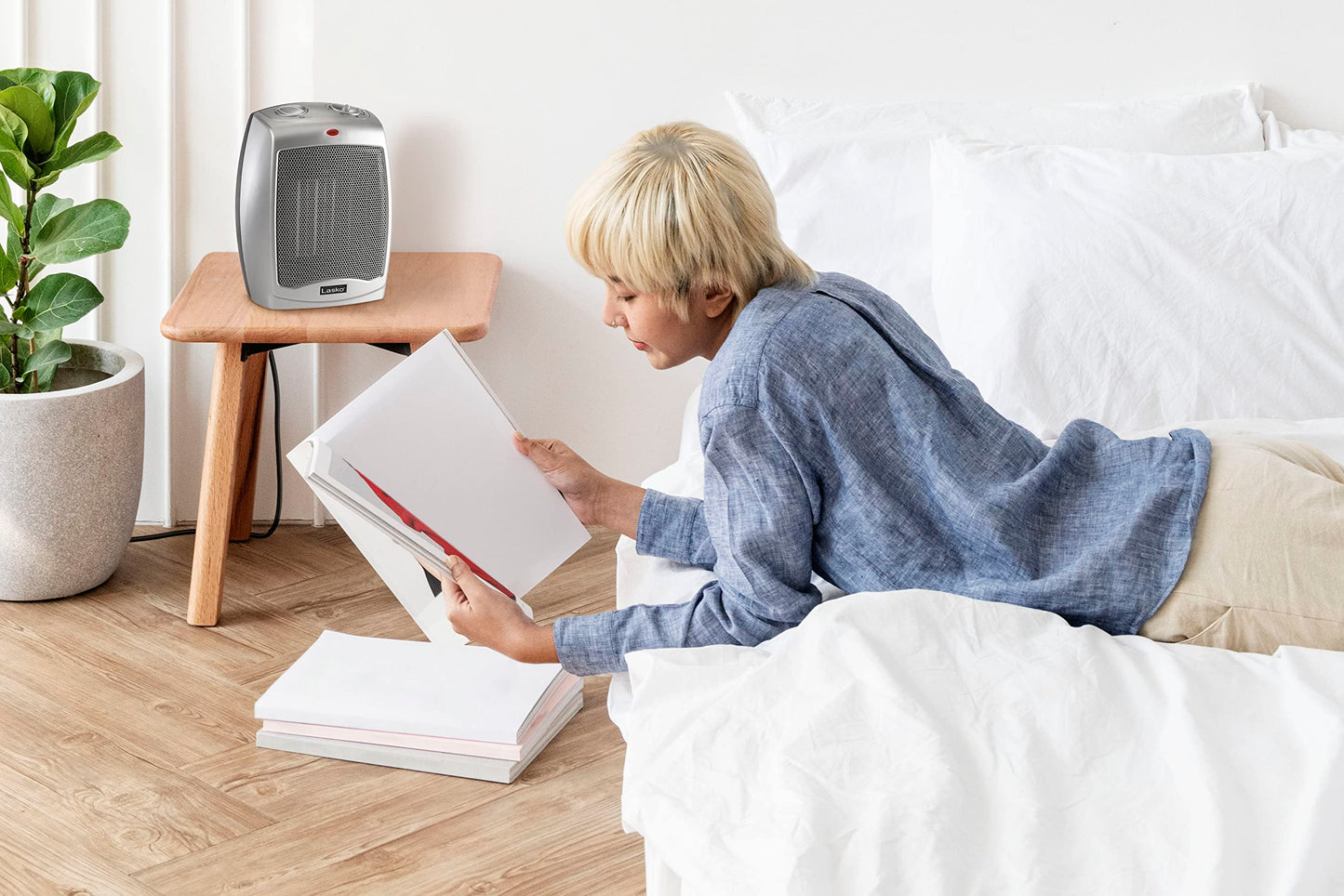 Lasko Desktop Electric Ceramic Space Heater with Adjustable Thermostat, 2 Heat Settings and Fan Only Mode, 9.2 Inches, Silver, 754200