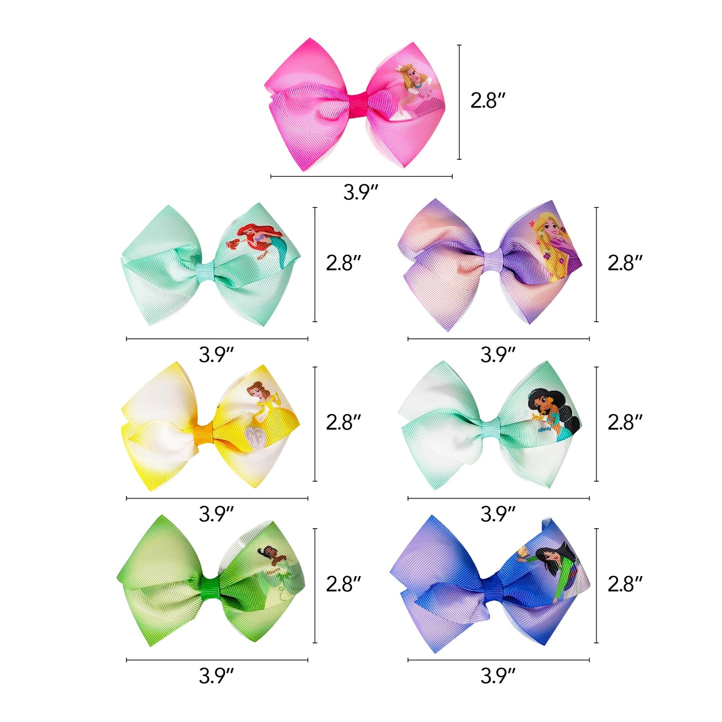 Disney Princess - Girls Hair Accessories Gift Set - Kids Hair Bows - 7 Pcs 4 Inch Bundle - Different Princess on Each Clip - Alligator Clip Ages 3+