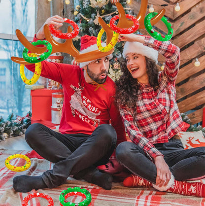 2 Pack Christmas Inflatable Reindeer Antler Ring Toss Games(2 Antlers 12 Rings) for Xmas Party Christmas Games Gifts Reindeer Ring Toss