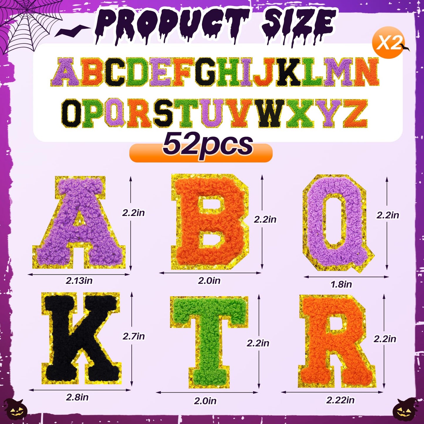 52 Pcs Halloween Patches Chenille Letter Patches Self Adhesive for Clothing,A-Z Varsity Letter Stickers Embroidered Sew on Repair Patches for Jackets Hats Backpacks