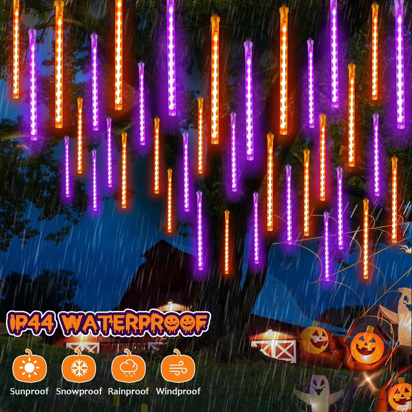 Halloween Lights Outdoor, 2 Pack Extendable Meteor Shower Lights Outdoor Waterproof with Timer, Total 384 LED 30cm 16 Tubes Cascading String Light Plug in for Halloween Yard Party (Orange and Purple)