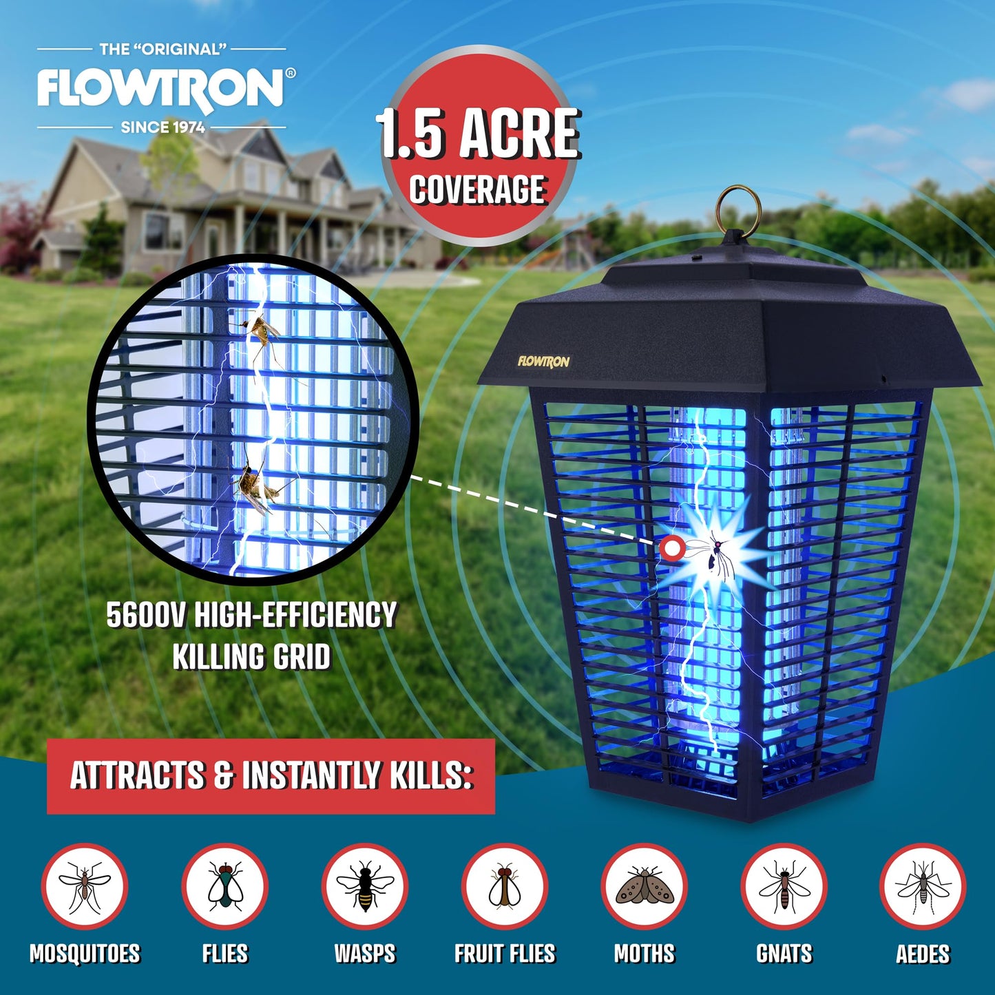 Flowtron Bug Zapper, 1-1/2 Acre of Outdoor Coverage with Powerful 80W Bulb & 5600V Instant Killing Grid, Electric Insect, Fly & Mosquito Zapper, Made in The USA