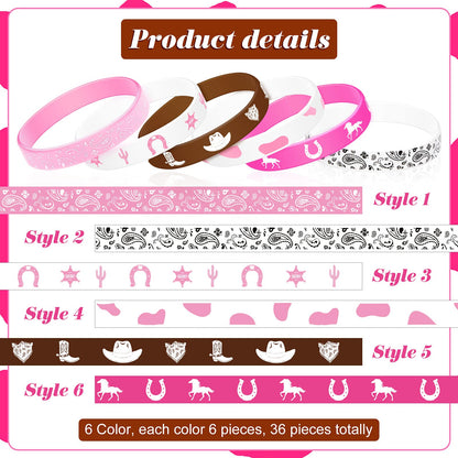 Cowgirl Silicone Bracelets Western Party Bracelets Colored Stretch Wristbands for Western Themed Birthday Halloween Party Supplies, 6 Different Patterns