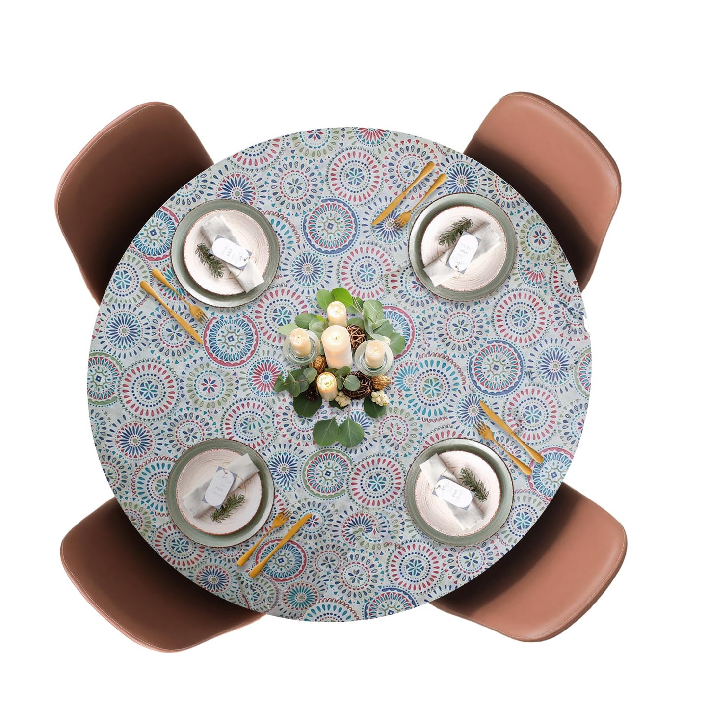 Covers For The Home Deluxe Elastic Edged Flannel Backed Vinyl Fitted Table Cover - Multi-Color Geometric Medallion Pattern - Large Round - Fits Tables up to 45" - 56" Diameter