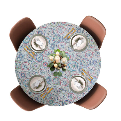 Covers For The Home Deluxe Elastic Edged Flannel Backed Vinyl Fitted Table Cover - Multi-Color Geometric Medallion Pattern - Large Round - Fits Tables up to 45" - 56" Diameter