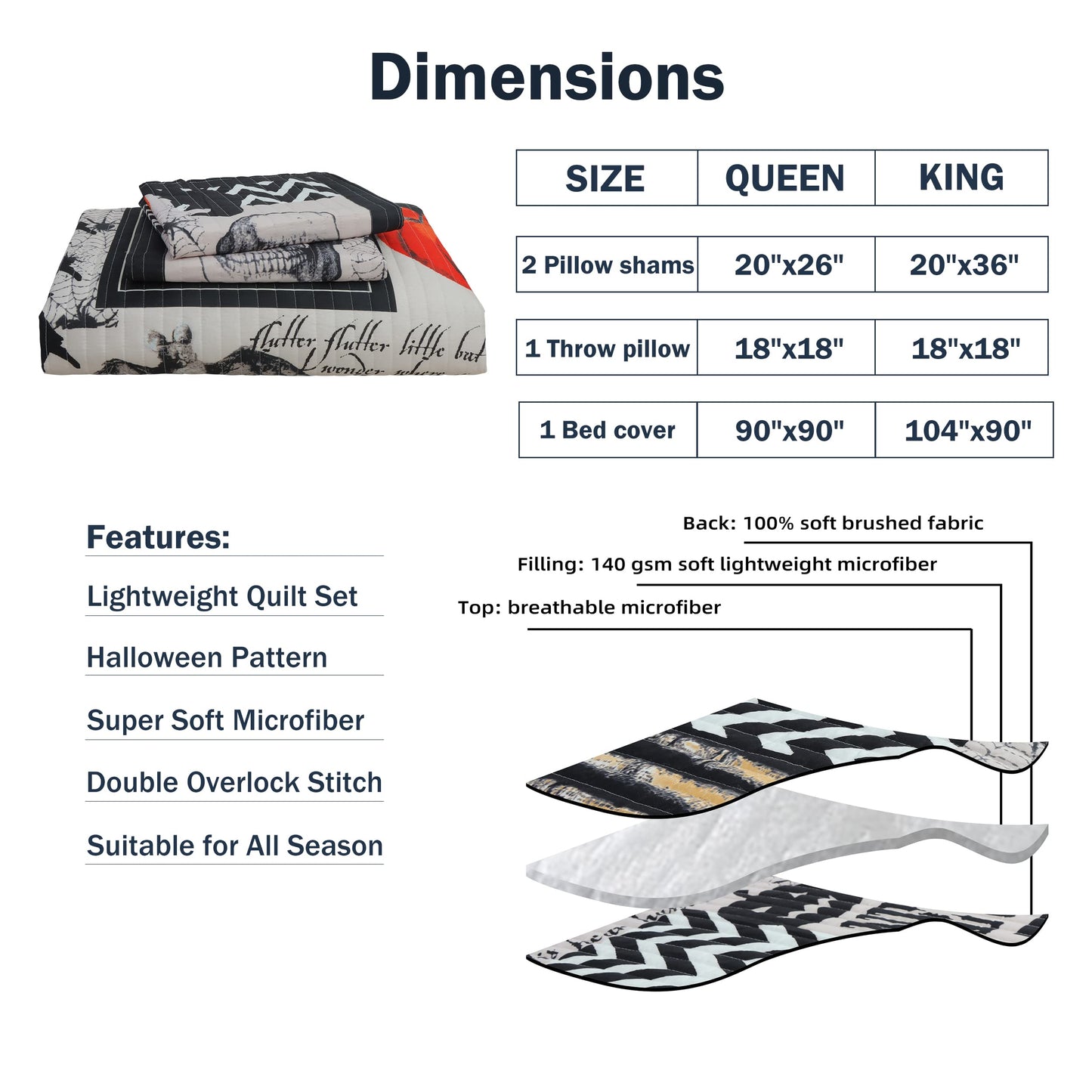 Cmfshape Halloween Bedspread,Black Quilt Set Queen Size,Pumpkin Ghost Festival Themed Bedding Set,Decorative Quilted 4 Piece Coverlet Set with 3 Pillow Shams(Black,Queen90 x90)