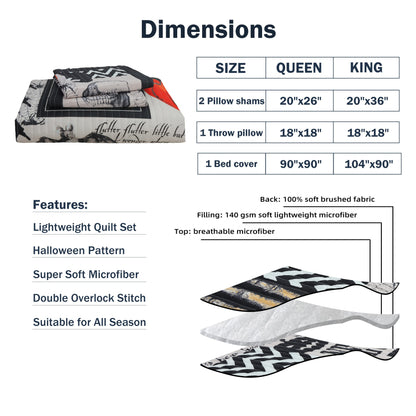 Cmfshape Halloween Bedspread,Black Quilt Set Queen Size,Pumpkin Ghost Festival Themed Bedding Set,Decorative Quilted 4 Piece Coverlet Set with 3 Pillow Shams(Black,Queen90 x90)