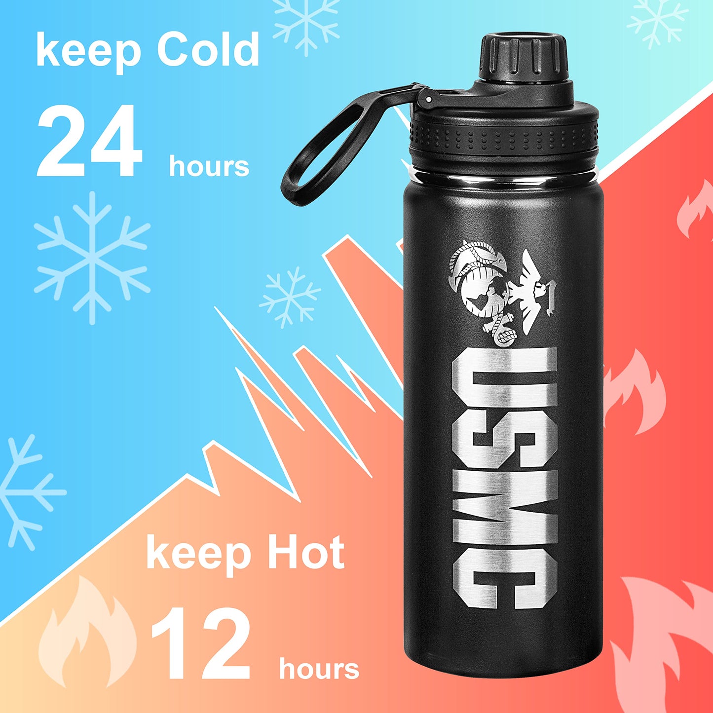 USMC 20oz Water Bottle | Marine Corps Double Wall Vacuum Insulated Stainless Steel | Disabled Vet Owned Business | USMC 20oz Water Bottle