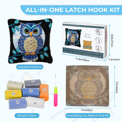 EsLuker.ly Full Moon Owl Latch Hook Pillow Kit for Adults Beginners, DIY Throw Pillow Cushion Cover Making Set with Pre-Printed Canvas & Crochet Yarn, Creative Latch Hook Craft Kits for Home Decor