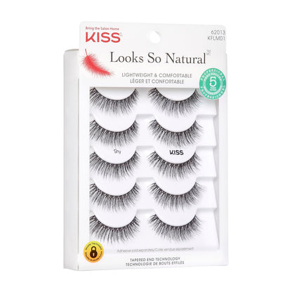 KISS Looks So Natural, False Eyelashes, 'Shy', 12 mm, Includes 5 Pairs Of Lashes, Contact Lens Friendly, Easy to Apply, Reusable Strip Lashes, Glue On