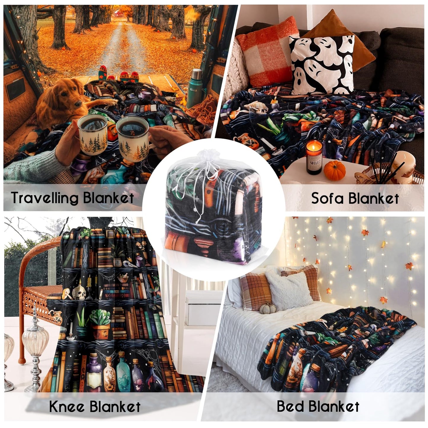 Yiyhuxf Book Lovers Blanket,Halloween Witches Bookshelf Skulls Black Cat Potions Fleece Blankets for Women Flannel Throw Blanket for Home Living Room Couch Bed Chair or Dorm Decor 60"x50"