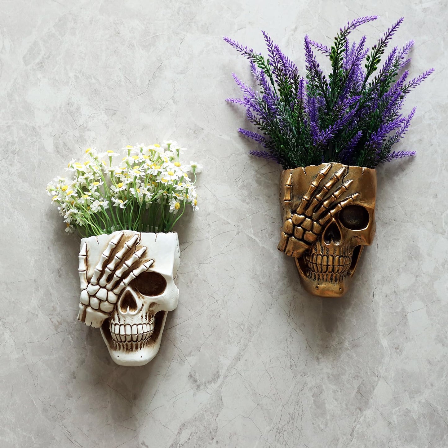 Dolkgy Skull Wall Planter for Home Décor, Resin Skeleton Gothic Planter for Indoor Outdoor Plants Decorations, White Hanging Skull Vase Unique Spooky Face Flower Pot Head Planters
