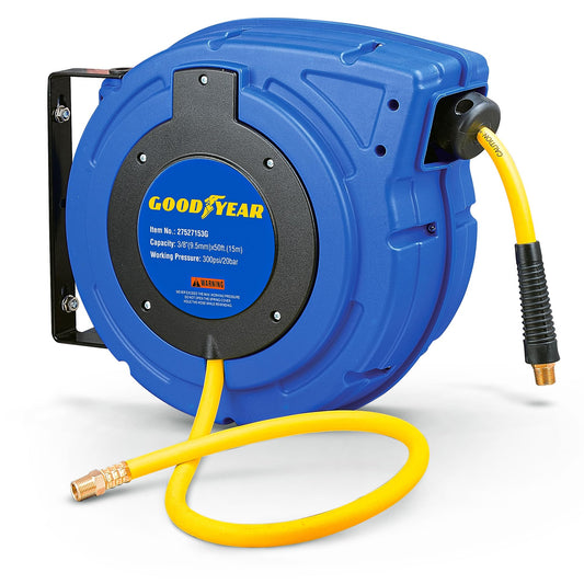 Goodyear Air Hose Reel Retractable 3/8" Inch x 50' Foot Hybrid Polymer Hose Max 300PSI Commerical Polypropylene Construction
