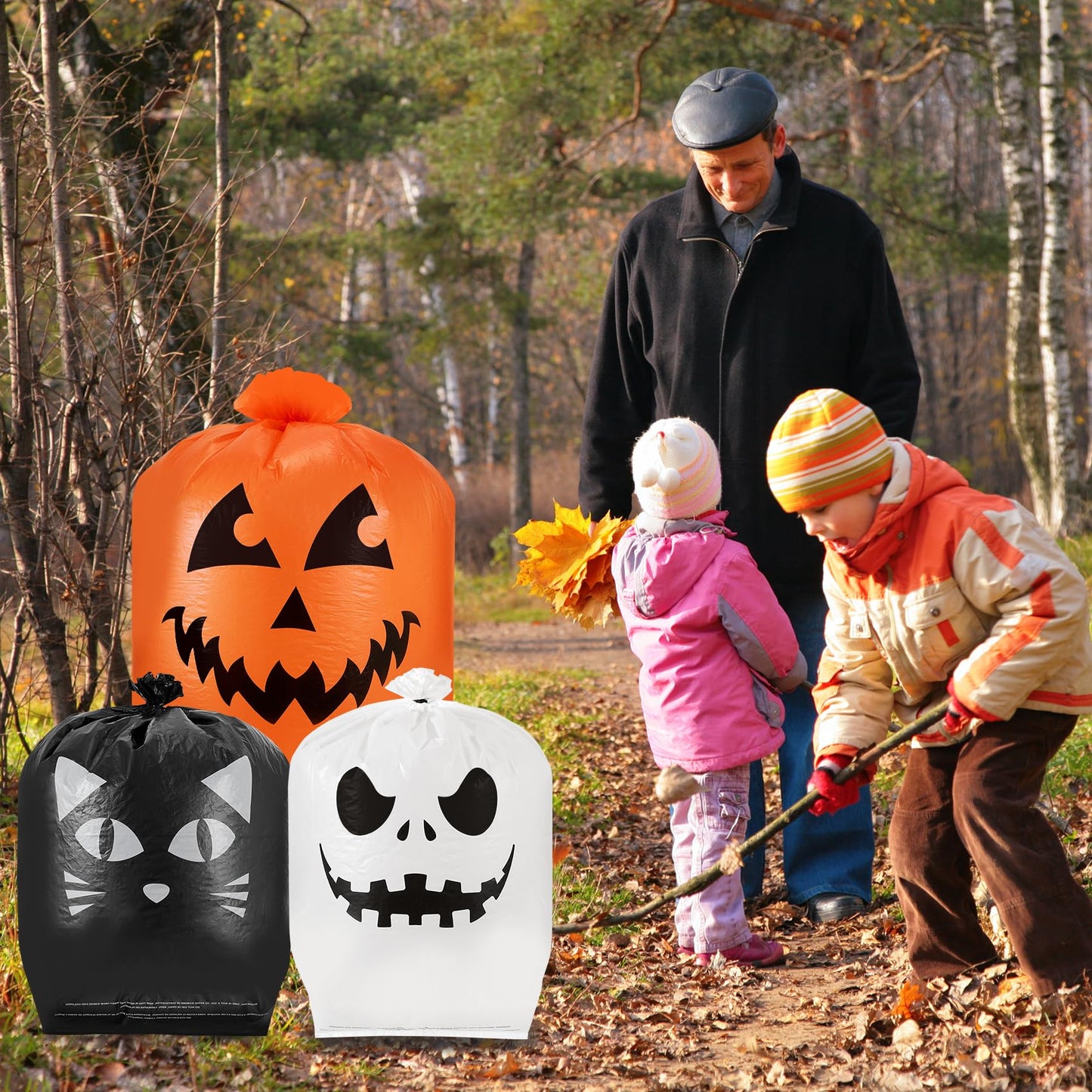 Guheake 9 Pcs Halloween Pumpkin Leaf Bags - Halloween Leaf Lawn Bags with Twist Ties, Plastic Jack-o-lantern Pumpkin Lawn Bag Thanksgiving Fall Leaf Trash Bags for Yard Lawn Garden Decorations Outdoor