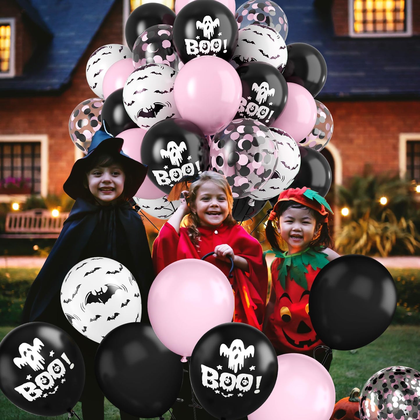 FunHot Halloween Party Balloons, 60Pcs Pink Black Halloween Balloon, 12 Inch Black Pink Confetti Balloons Bat Ghost BOO Printed Pattern Balloon with Ribbons for Kids Birthday Halloweens Decoration