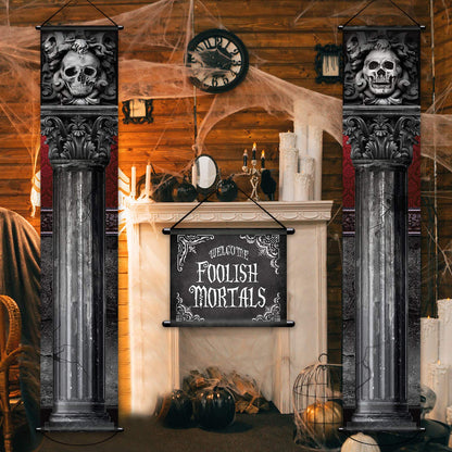 2 Pieces Halloween Gothic Mansion Banners Halloween Skull Hanging Banners with Welcome Foolish Mortals Porch Sign Spooky Pillar Sign Decorations for Outdoor Party Supplies