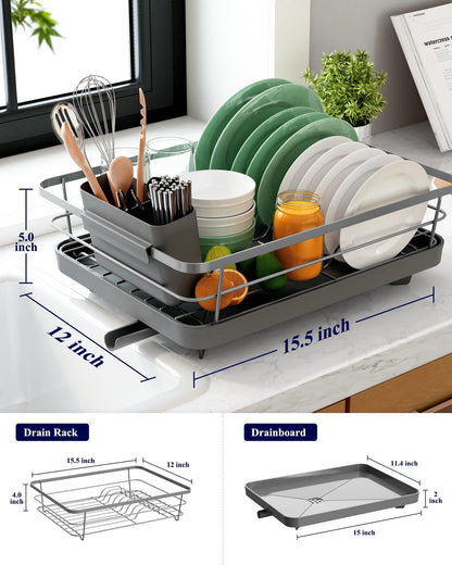 Kitsure Dish Drying Rack for Kitchen Counter, Stainless Steel Sink Organization and Storage Essentials with Cutlery Holder, Home and Appartment Decor, 12''W x 15.5''L, Grey