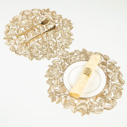 Crisjanggo Metallic Placemats Set of 6 Gold Leaf Round Placemats Non-Slip Wipeable Table Mats for Dinner,Party,Wedding Accent Centerpiece