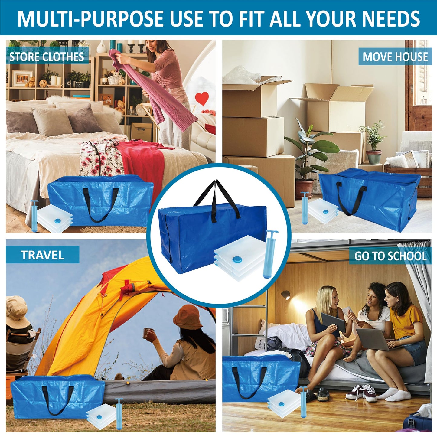 6 Pack Heavy Duty Extra Large Moving Bags with Backpack Straps & Vacuum Storage Bags Moving Supply Combo, Moving Totes with Handles & Zippers for Space Saving, Fold Flat, Includes Vacuum Bags