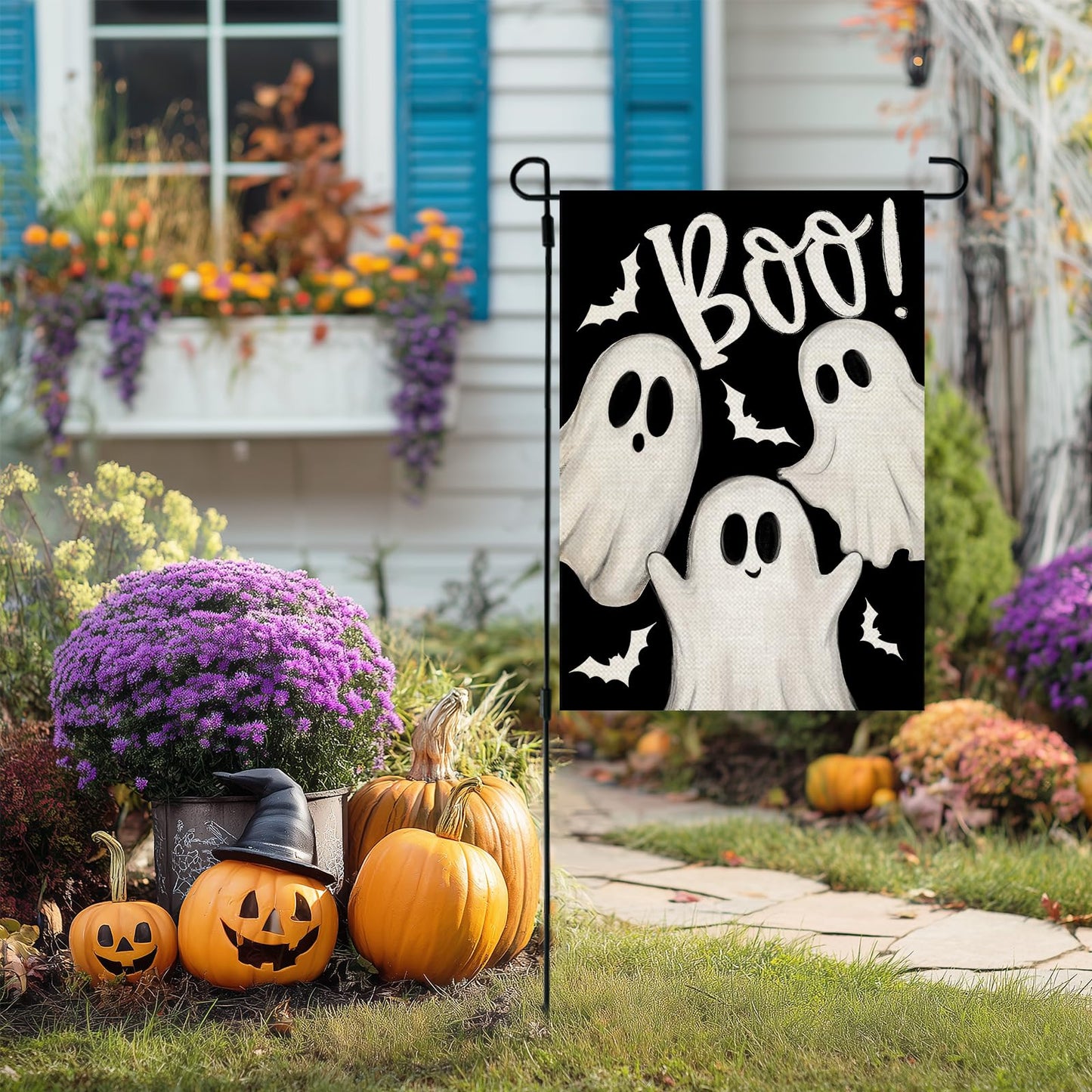 CROWNED BEAUTY Halloween Garden Flag 12x18 Inch Double Sided Ghosts Boo Decoration for Outside CF1883-12