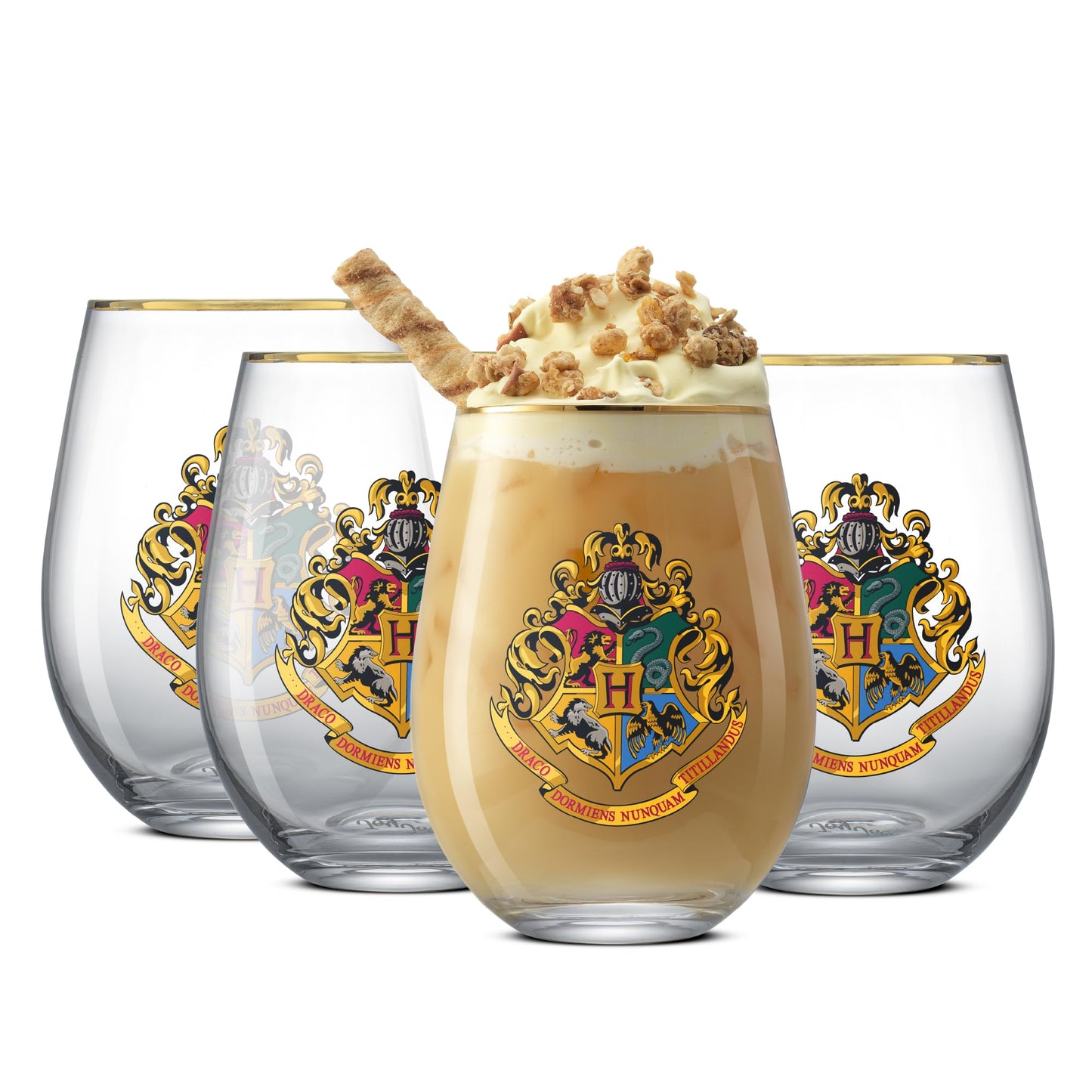 JoyJolt Harry Potter Hogwarts Heritage Stemless Drinking Glasses, 19oz Glass Tumblers, Teardrop Glass Drinking Glasses Set of 4, Hogwarts Cup, Harry Potter Gifts for Adults