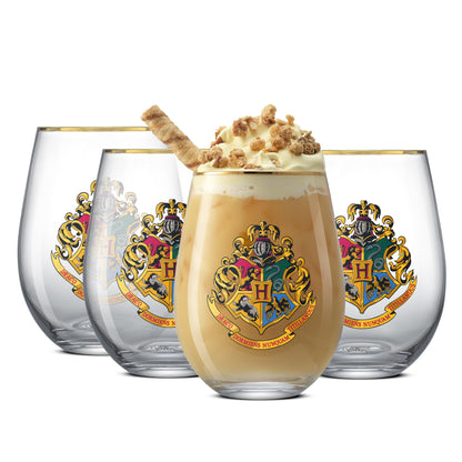 JoyJolt Harry Potter Hogwarts Heritage Stemless Drinking Glasses, 19oz Glass Tumblers, Teardrop Glass Drinking Glasses Set of 4, Hogwarts Cup, Harry Potter Gifts for Adults