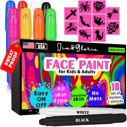 Jim&Gloria Water Based Face Paint Kit with Stencils, 8 Large Professional Face Painting Kit for Kids Party Facepaint Halloween Makeup Washable Body Paint for Adults Skin Color Crayons, Boy Girl Gifts