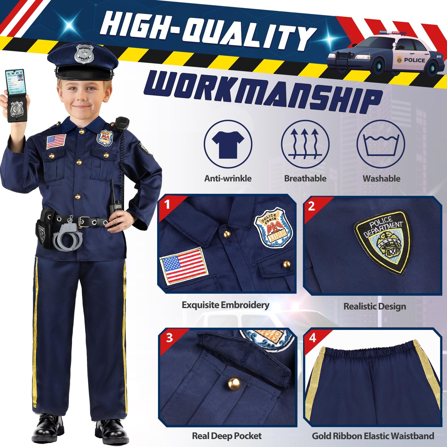 Joycover Police Officer Costume for Kids, Cop Costume Outfit Set with Toy Accessories, Halloween Costumes for Boys