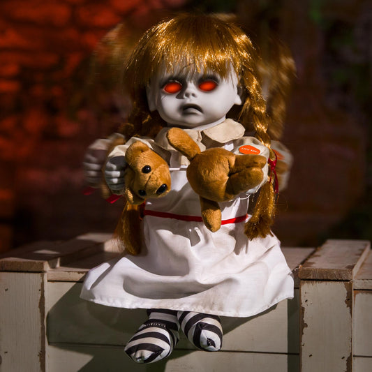 Halloween Animatronic 10inch Creepy Girl Doll, Halloween Animated Decorations with Sound Activated Spooky Sound, Light Up Eyes, Scary Move, Haunted House Holiday Decor Horror Prop for Indoor, Outdoor