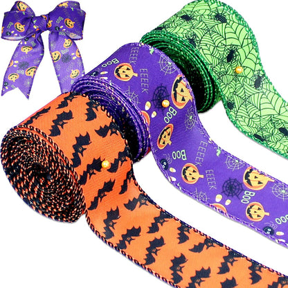 3 Rolls Halloween Wired Edge Ribbon 9.9 Yard Bat Spider Web Skull Pumpkin Printed Ribbons Wrapping Ribbon for Halloween Party Decoration Wreath DIY Craft(Purple,Green,Orange)