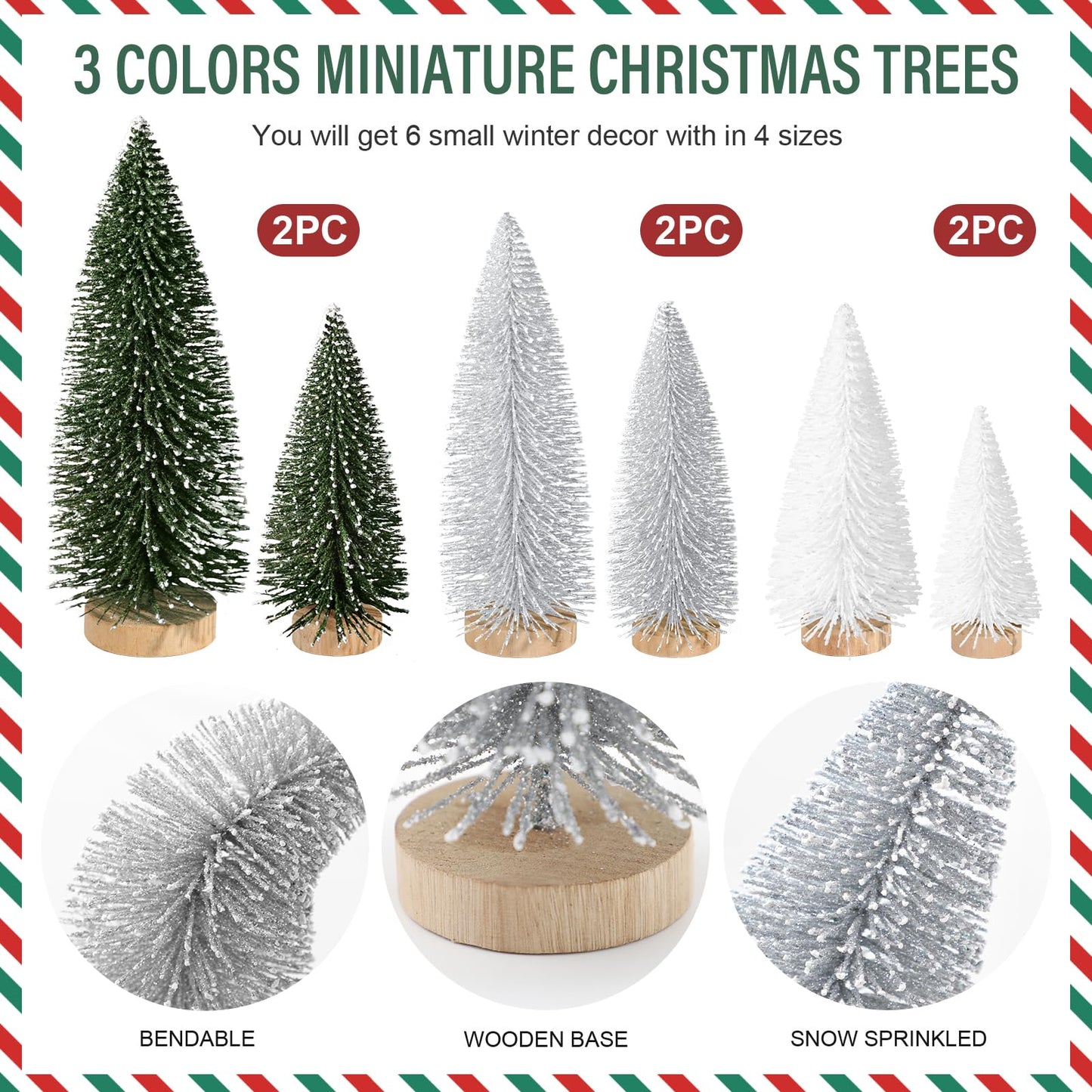 6pcs Mini Christmas Trees Decorations Small Bottle Brush Trees,Artificial Tabletop Christmas Tree for Indoor Outdoor Home Room Party Gift (Green, Silver, White)