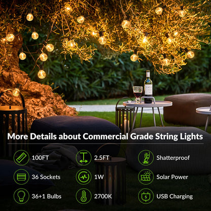 100FT G40 Solar String Lights, Globe Outdoor String Lights with 36 LED Shatterproof Bulbs, 2700K Shatterproof Patio Lights, Solar Powered Hanging Lights