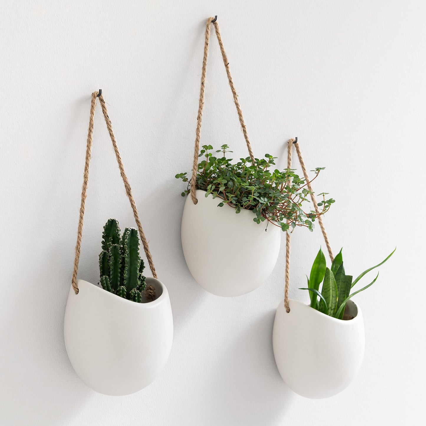 Kazai. Wall Planters -Ellie- | Hanging Ceramic Plant Pots 3 Pieces | Wall Decoration for Indoors, Balcony and Garden | White (Matte)