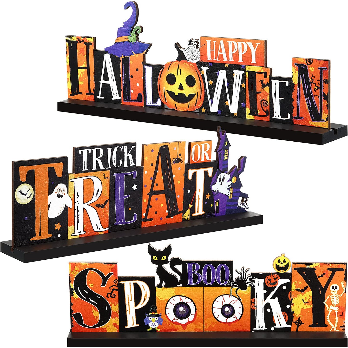 3 Pieces Halloween Table Decorations - Pumpkin Centerpiece, Boo Spooky Wood Sign, Trick or Treat Witch Hat Decor for Party, Living Room, Kitchen, Office, Bar