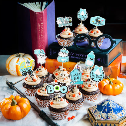 Gyufise 36Pcs Baby Shower Halloween Cupcake Toppers Ghost Bat A Baby is Brewing Cupcake Picks Baby Boo It's a Girl Cake Decorations for Halloween Theme Baby Shower Girls Birthday Party Supplies Blue