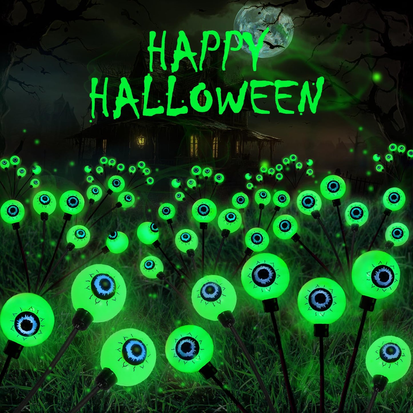 6 Pack Solar Eyeball Lights for Halloween Decorations Outdoor, 36 LED Green Eyeball Solar Halloween Lights, Waterproof Swaying Firefly Lights with 2 Modes for Pathway Patio Yard Lawn Garden Decor