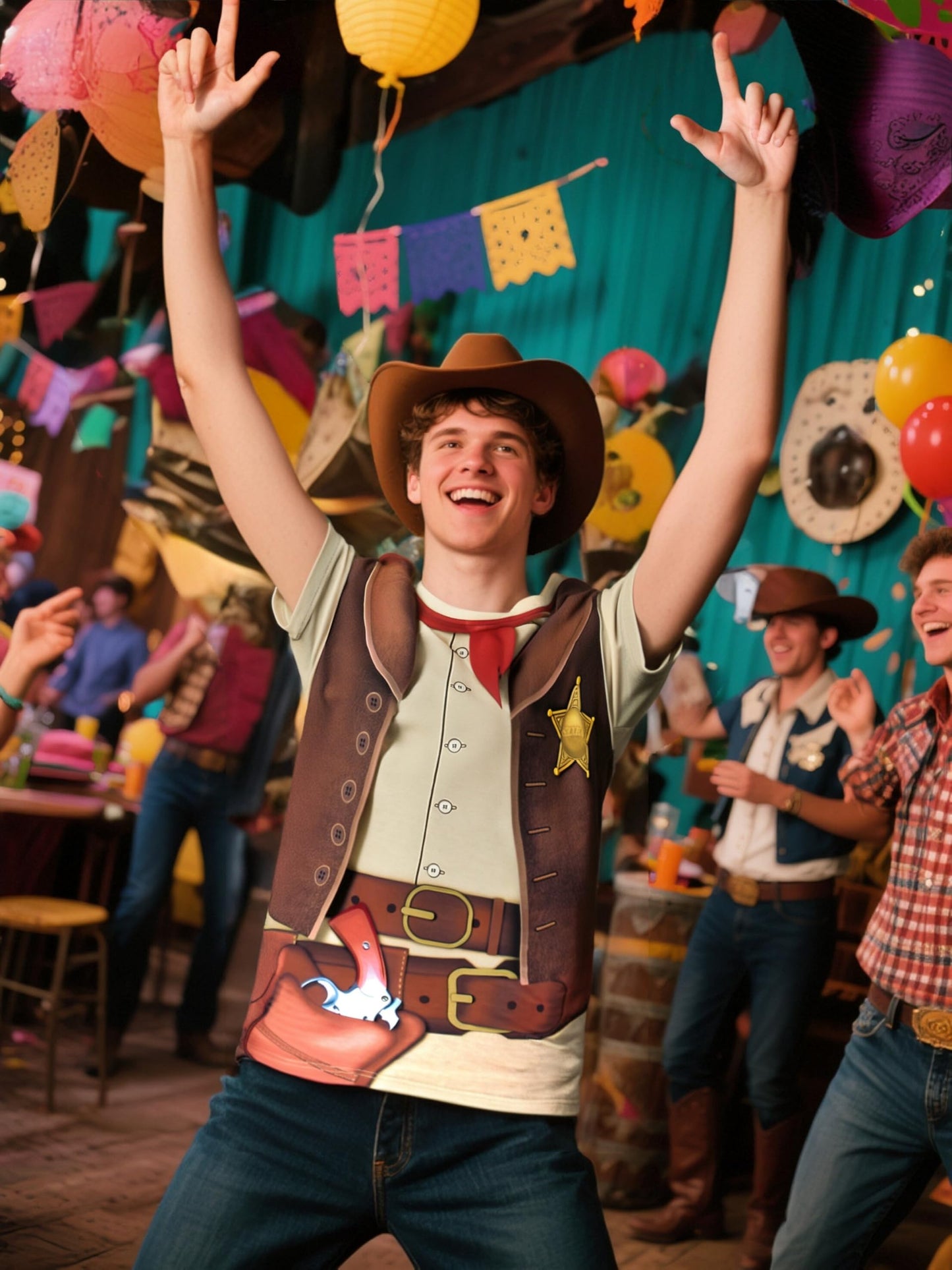 Funny World Men's Western Cowboy Costume T-Shirts, X-Large, Brown