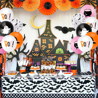50Pcs Halloween Balloons Decor Girls Halloween Pink Orange Black White Latex Balloon with Ghost Witch Cauldron Bat Printed for Halloween Baby Shower Happy Boo Day Spooky One Two Spooky Party Supplies