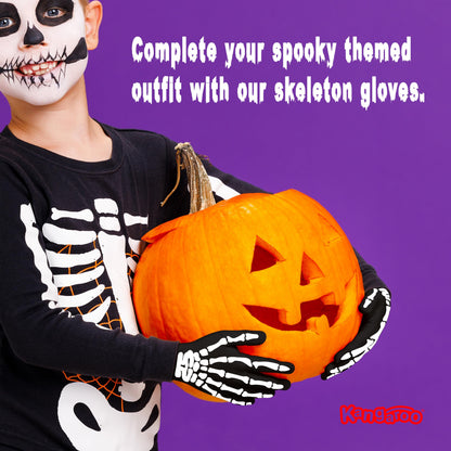 Kangaroo Skeleton Gloves - Skull Hands Gloves for Kids - Bone Reaper Ghost Halloween Apparel Accessories - White Printed Black Skeleton Gloves