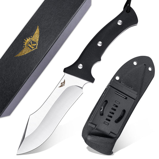 KOMWERO Fixed Blade Camping Knife with Kydex Sheath, D2 Steel Flat Grind Blade Full Tang Knife, Black Non-slip G10 Handle for Hunting Outdoor Survival
