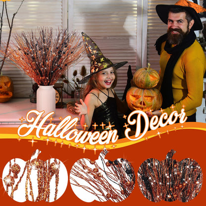 Giegxin 16 Pack Halloween Artificial Glitter Berry Stem, 17 Inches Fall and Thanksgiving Floral Picks Branches for Vase Centerpieces Labor Day Decor Holiday Ornaments(Black, Orange)