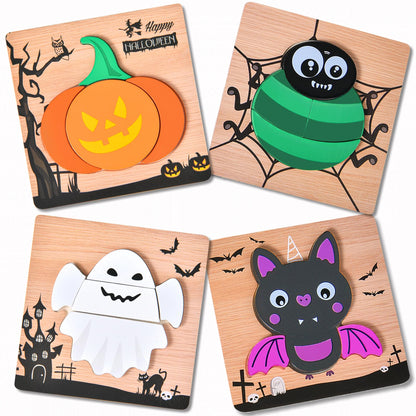 4 Pack Halloween Wooden Puzzles for Kids Toddlers Jigsaw Puzzles Halloween Toys for Halloween Party Favors Treat Bag Prizes