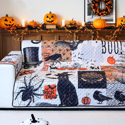Cmfshape Halloween Skidproof Sofa Cover-Festival Sofa Slipcover with Elastic Straps-Easy Fit Slip Cover-Patchwork Washable Furniture Protector for Pets and Kids(Sofa,Black&Orange)