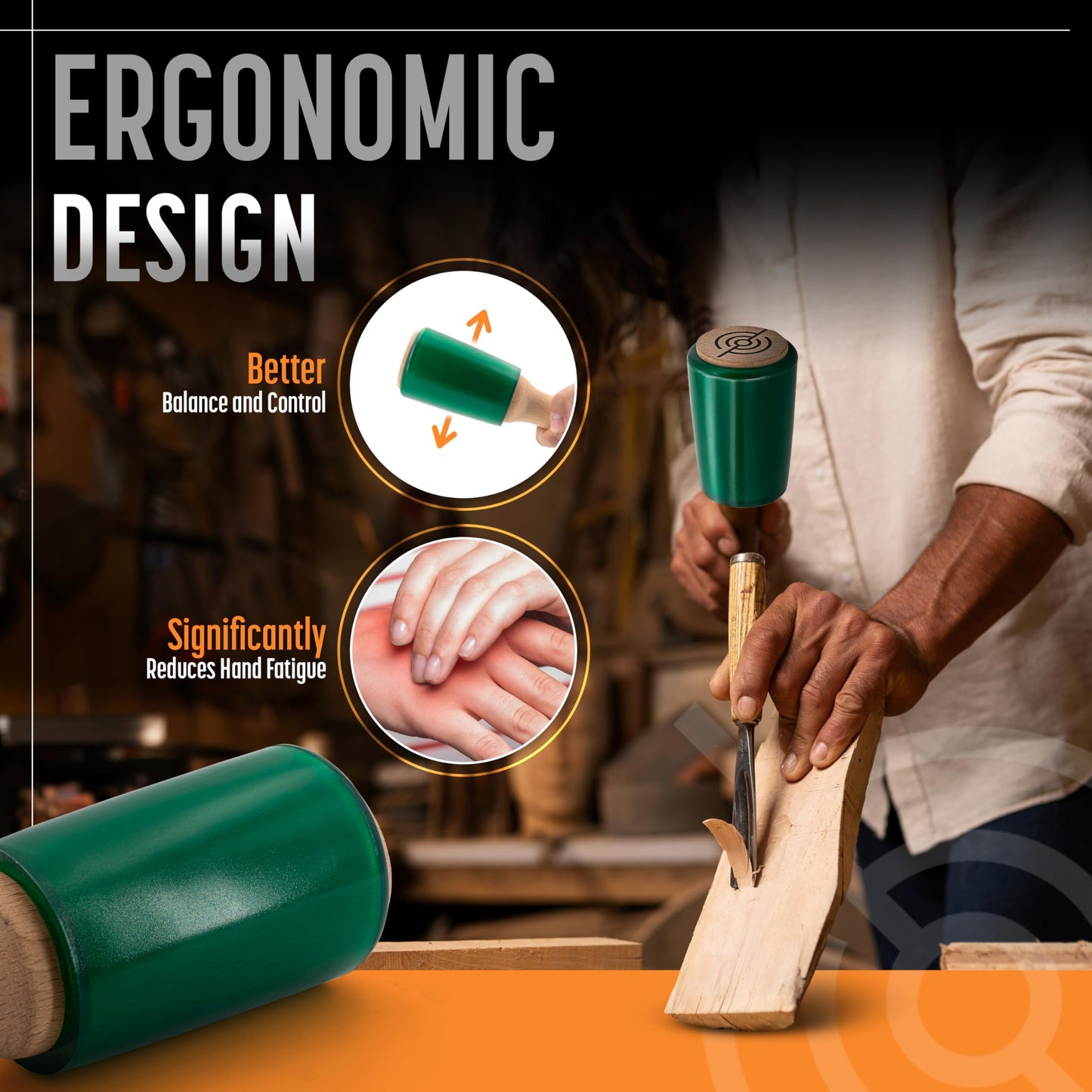 Precision Wood Carving Mallet 15oz for Woodworking, Comfortable Wooden Handle Reduces Hand Fatigue, Non-Marring Urethane Head Protects Tools, Chisel Hammer from Schaaf Tools