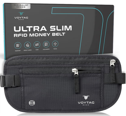 Travel Money Belt & Passport Holder - RFID Blocking Slim Travel Wallet & Fanny Pack for Men and Women - Essential Travel Pouch for Cash, Credit Cards, and Documents